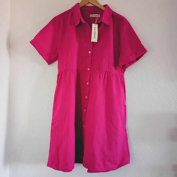 Denim midi shirt dress short sleeve button down tiered style. XL relaxed fit. - Picture 3 of 12